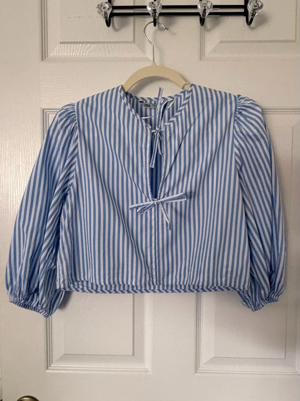 Zara Light Blue and White Striped Tie-Front Blouse